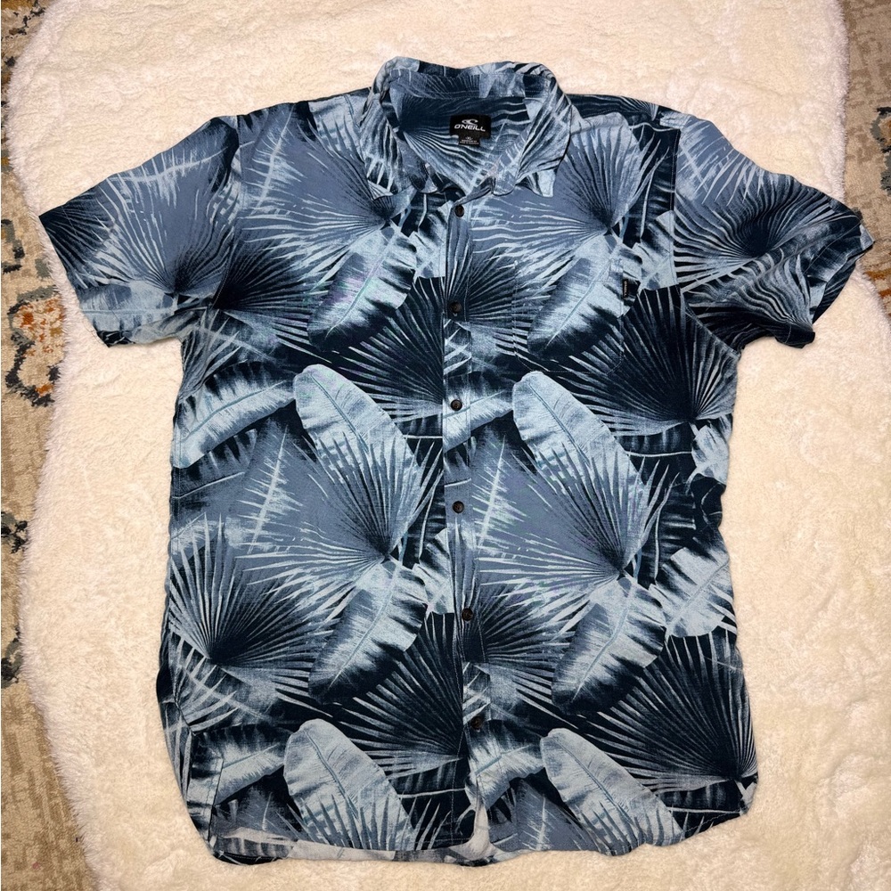 O’NEILL Aloha Hawaiian Tropical Blue Collared Shirt button up Modern Fit Men XL